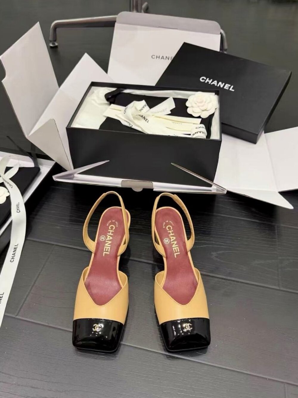 CHANEL Square Toe CC Logo Block Heel Shoes